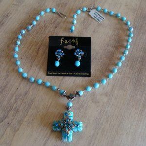 millefiori glass blue cross necklace and earrings